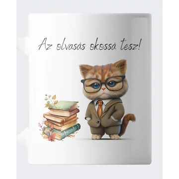 Az olvasás okossá tesz cicás könyves bögre