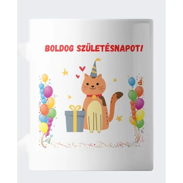 Cica ajándákdobozzal szülinapi bögre
