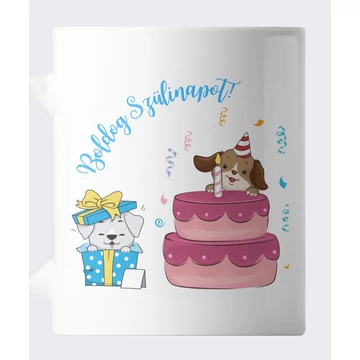 Kiskutyák dobozban tortával szülinapi bögre